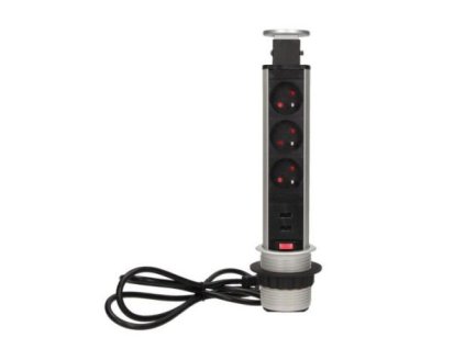 AE 1349, výsuvný zásuvkový sloupek, 3x zásuvky 230V, 2x USB zásuvka 5V, 1,8m propojovací kabel (Barva Stříbrná)