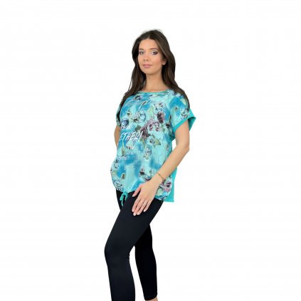 Dámské batikované tričko s květy tyrkysové (1)