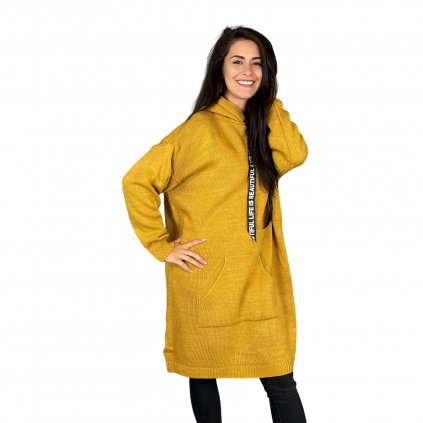 Pletené svetrové šaty EVELYN s kapucí hořčicové (1)