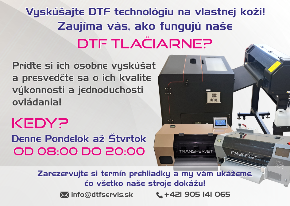Vyskúšajte DTF technológiu na vlastnej koži! Zaujíma vás, ako fungujú naše DTF tlačiarne? Zarezervujte si termín prehliadky a my vám ukážeme,  čo všetko naše stroje dokážu!