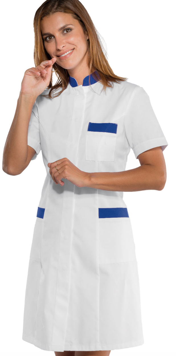 ISACCO Dámske šaty zdravotnícke Farba: Biela, Veľkosť: M, Doplnková farba: tmavo modrá