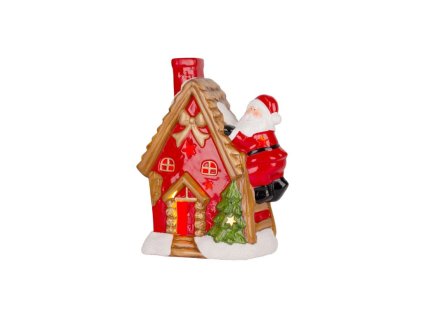 Dekorácia MagicHome Vianoce, Domček so santom na streche, LED, terakota, 2xAAA, 27x13x34 cm (1)