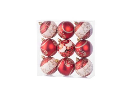 Gule MagicHome Vianoce, 9 ks, červené s ornamentom, na vianočný stromček, 6 cm (2)