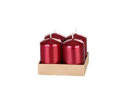 Sviečka, 4x6 cm, valcová, bal. 4 ks, červená, metalický efekt, adventná
