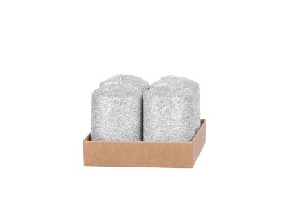 Sviečka MagicHome Vianoce, 4x6 cm, valcová, bal. 4 ks, strieborná, s glitrami, adventná