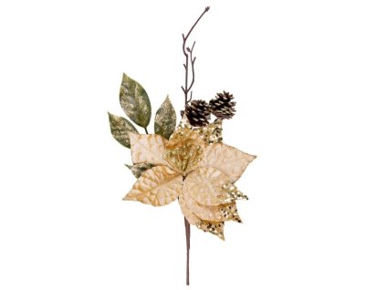 Vetvička MagicHome Vianoce, s kvetom poinsettia, zlatá, 34 cm