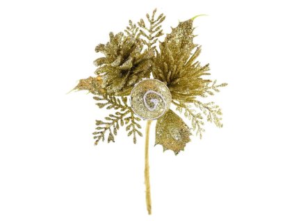 Vetvička MagicHome Vianoce, so šiškou, zlatá 15 cm