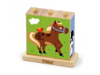 Dřevěné puzzle kostky na stojánku Viga Farma - multicolor