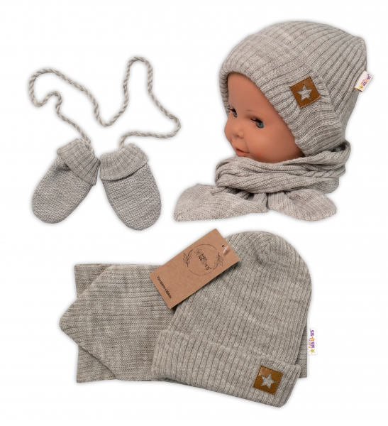 Baby Nellys Pletená čepice s šálou a rukavičky 3v1, STAR - béžová, vel. 56/62 Velikost koj. oblečení: 56/62 (0-3m)