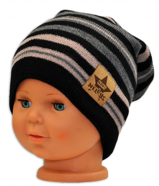 BABY NELLYS Jarní/podzimní proužkovaná čepice -černá/béžová/grafit Velikost koj. oblečení: 122-128 (6-8r)
