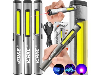 Hliníková mini svítilna 400 lm + 120 lm, 800 mAh s laserem a UV světlem, Verke V87553 1
