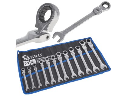 Ráčnové očkoploché klíče s kloubem, sada 12 ks, 8-19 mm, CrV, Geko G10337