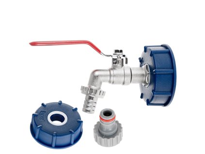 Sada kohoutek 1/2" s výstupem G 3/4" + hadicový trn 1/2" + adaptér na rychlospojku + matice S60x6 pro IBC kontejner, Geko G70180