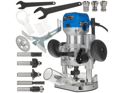 Vrchní frézka 710W s regulací otáček, vodící základnou a sadou fréz, Geko G80737