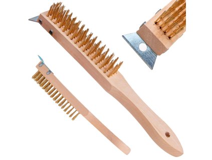 Kartáč ocelový pomosazený se škrabkou, 4 řady, dřevěný, Geko G00737