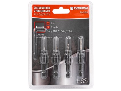 Vrtáky do dřeva se záhlubníkem PM-ZWZP-4TN, sada 4ks, Powermat PM1459