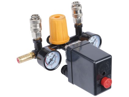 Tlakový spínač, presostat 230V 8 bar s manometry ke kompresoru, Powermat PM-KO-24T-50T-V2-WY