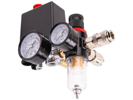 Tlakový spínač ke kompresoru 230V 8 bar s manometry a odlučovačem vody, Powermat PM-KO-100T-V2-WY