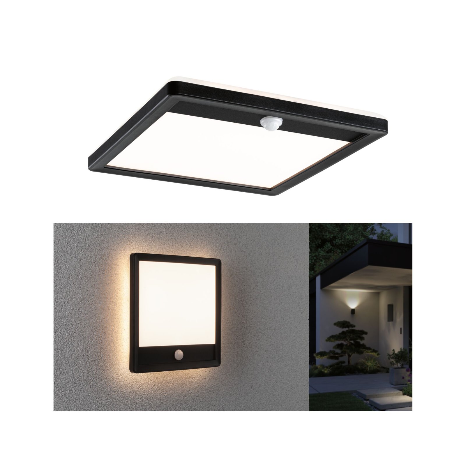 PAULMANN LED venkovní panel Lamina s čidlem pohybu IP44 hranaté 250x250mm 3000K 14,5W 230V černá, 94665