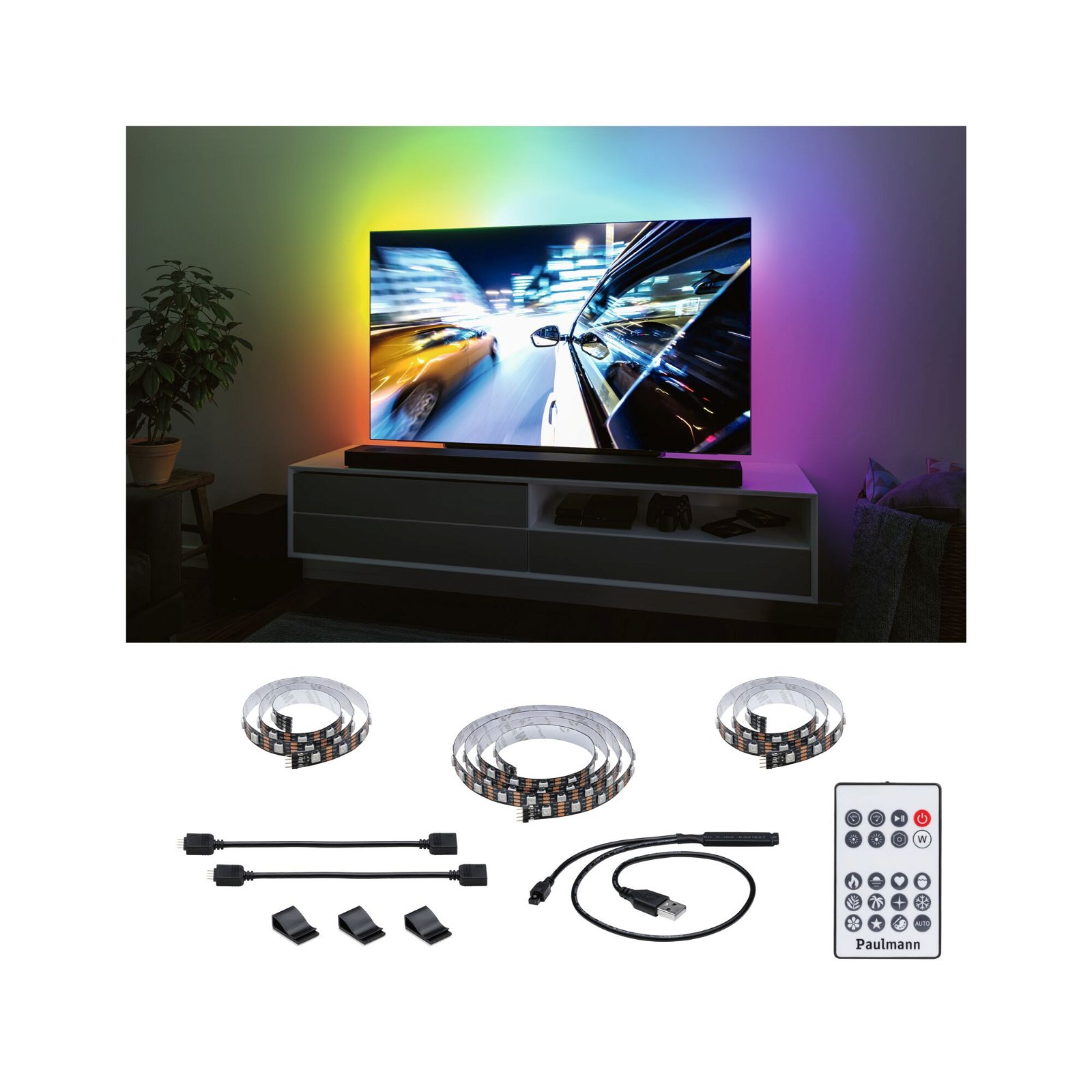 PAULMANN EntertainLED USB LED pásky na osvětlení TV 55 Zoll 2m 3,5W 60LEDs/m RGB+, dálkové ovládání
