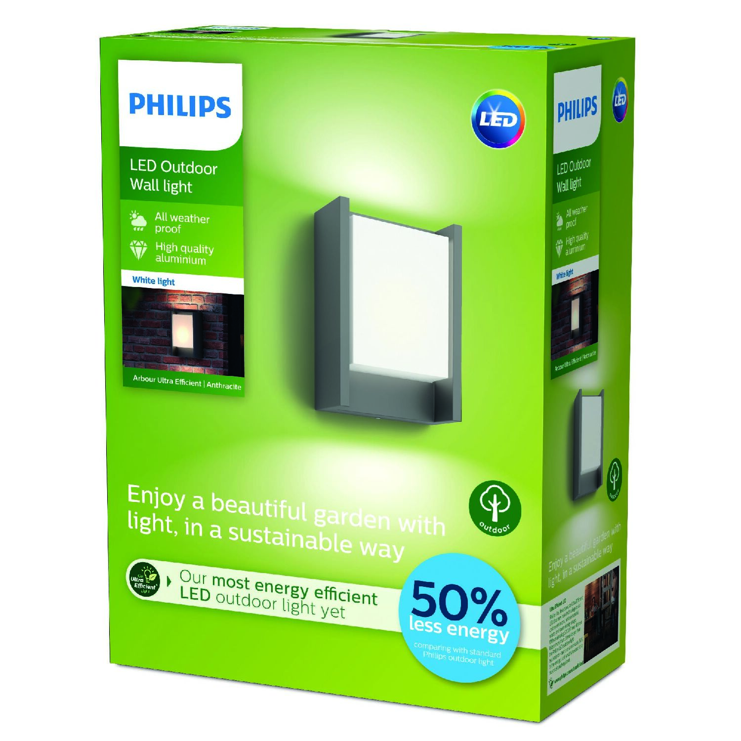 Philips-Arbour venkovní nástěnné LED svítidlo UltraEfficient 3,8W 800lm 3000K IP44, antracit