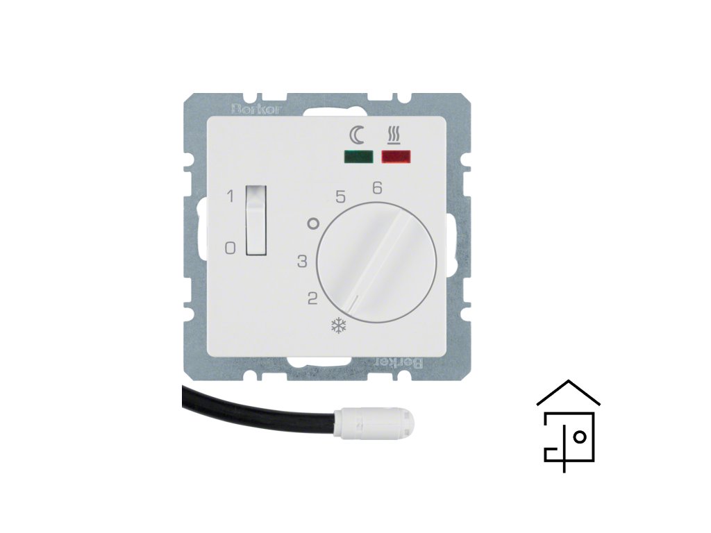 Termostat, pokojový, 24 V s rozpínacím kontaktem, centrálním dílem, vypínačem a LED, Berker Q.x, bílá, sametová