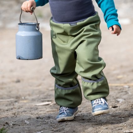 softshellove kalhoty detske zelene khaki pro miminko dupacky Moje první softshellky zimní s fleecem dupeto