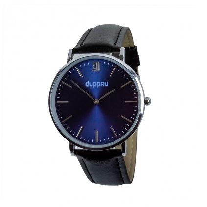 stribrne hodinky Duppu Nais s cernym kozenym reminkem a s modrym cifernikem