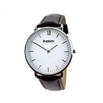 Stříbrné unisex hodinky Duppau Orion s černým koženým řemínkem a bílým ciferníkem