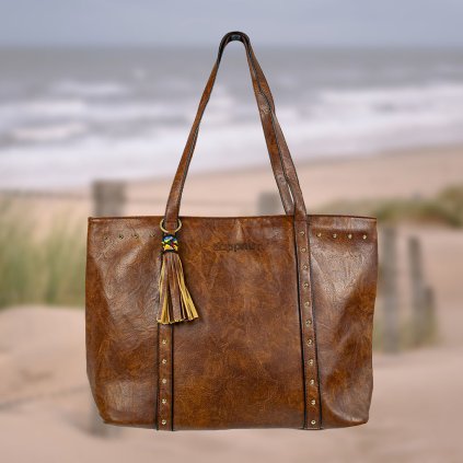 Dunkelbraune Damen Handtasche Duppau Nora mit Nieten und Quaste