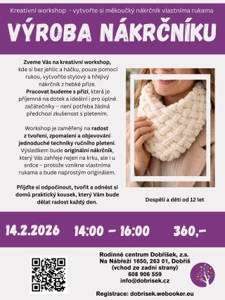 Zvu Vás na kreativní workshop, kde si bez jehlic a háčku, pouze pomocí rukou, vytvoříte stylový a hřejivý nákrčník z hebké...