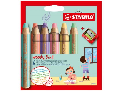 Stabilo Woody 3v1 Pastelové - Pastelka, vodovka, voskovka | 6 kusů s ořezávátkem