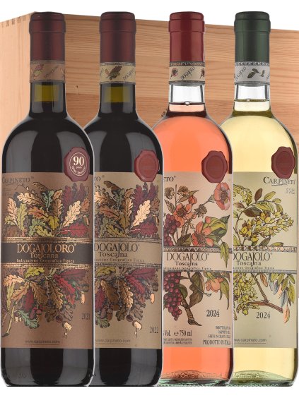 Carpineto Dogajolo Poker dřevěná krabička 4 láhve (1x Rosso, 1x Oro, 1x Bianco, 1x Rosato)