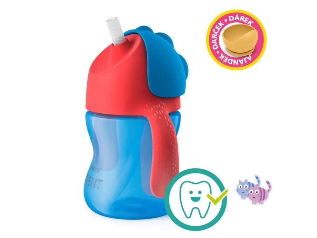Philips AVENT Hrneček s ohebným brčkem 200 ml chlapec+dárek PETITE&MARS Miska 6m+