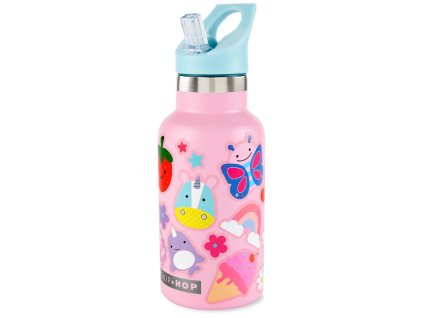 SKIP HOP Láhev s nálepkami se slámkovým náústkem nerezová ružová 380 ml, 4r+