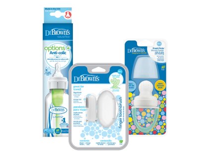 DR.BROWN'S Set láhev plast 250 ml + Savička FreshFirst tyrkys + Prstový zubní kartáček