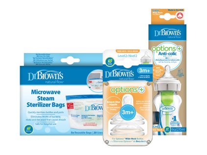DR.BROWN’S Láhev kojenecká sklo 270ml +Savičky na láhev level-2 2ks +Sáčky na sterilizaci lahví 5ks