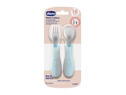 CHICCO Lžička a vidlička nerez - teal, 18m+
