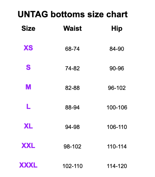 UNTAG panties & bikini size chart 