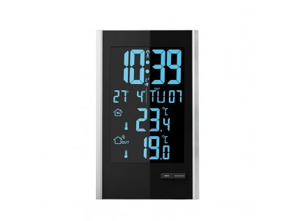 Solight meteostanice, LCD s volitelnou barvou podsvícení, vnitřní/venkovní teplota, RCC, černá/stříbrná