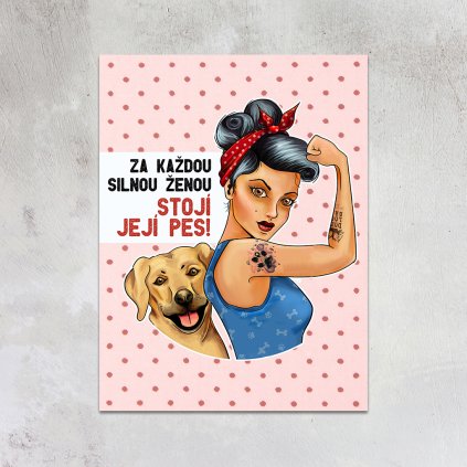 Plechová destička Silna žena se psem (Velikost 27x18cm)