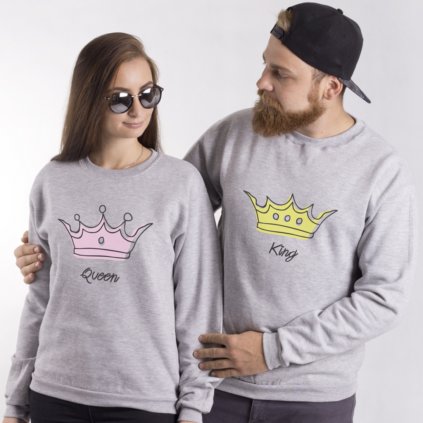 Mikiny KING & QUEEN Crown šedé bez kapuce (cena za obě mikiny)