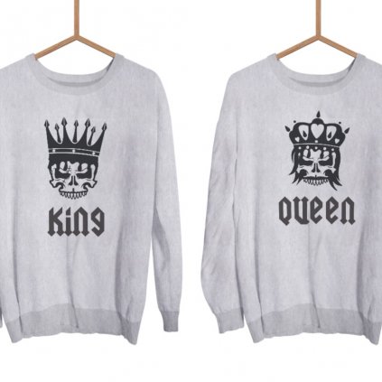 Mikiny KING & QUEEN Skull Head s nápisem šedé bez kapuce (cena za obě mikiny)
