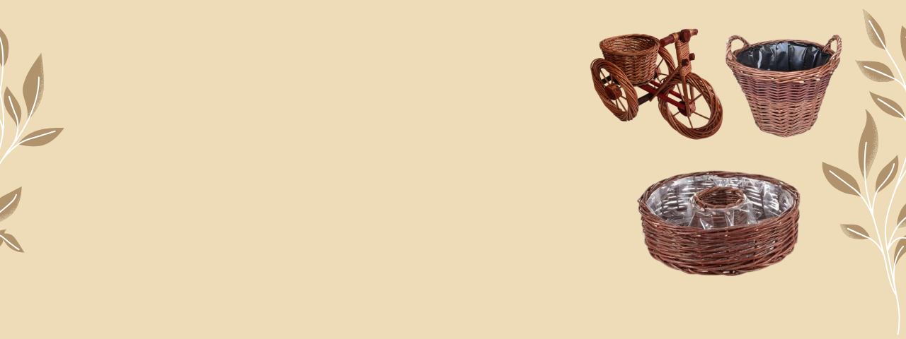 Proutěné květináče, tříkolky, obaly na zahradu, dekorace na květiny.