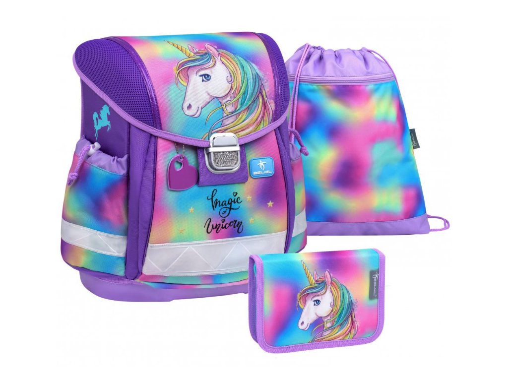 Školní aktovka s jednorožcem Belmil Classy – Rainbow Color Unicorn, set 3 díly