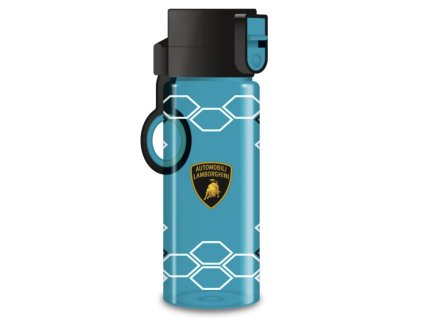 Černá sportovní láhev Ars Una s motivem Lamborghini a tyrkysovým víčkem, vhodná pro školáky.