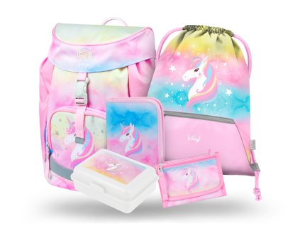 Školní batoh Baagl pro prvňáčky 650 g - set Airy Rainbow Unicorn II