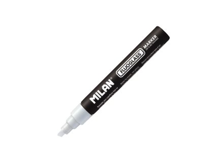 Popisovač Milan FLUOGLASS – bílý na okna, sklo a tabule (2–4 mm)