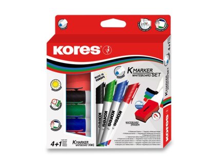 Popisovače na tabuli Kores Whiteboard set 4 barvy + magnetická houbička