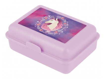 Fialový svačinový box Baagl s motivem koně, přepážka uvnitř, plast, rozměr 17,8 × 12,2 × 6 cm